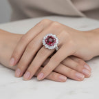 D'Joy - Sunset Zircon, Red Sapphire & White Zircon Halo Ring in Rhodium Overlay Sterling Silver 4.60 Ct._8380157_2
