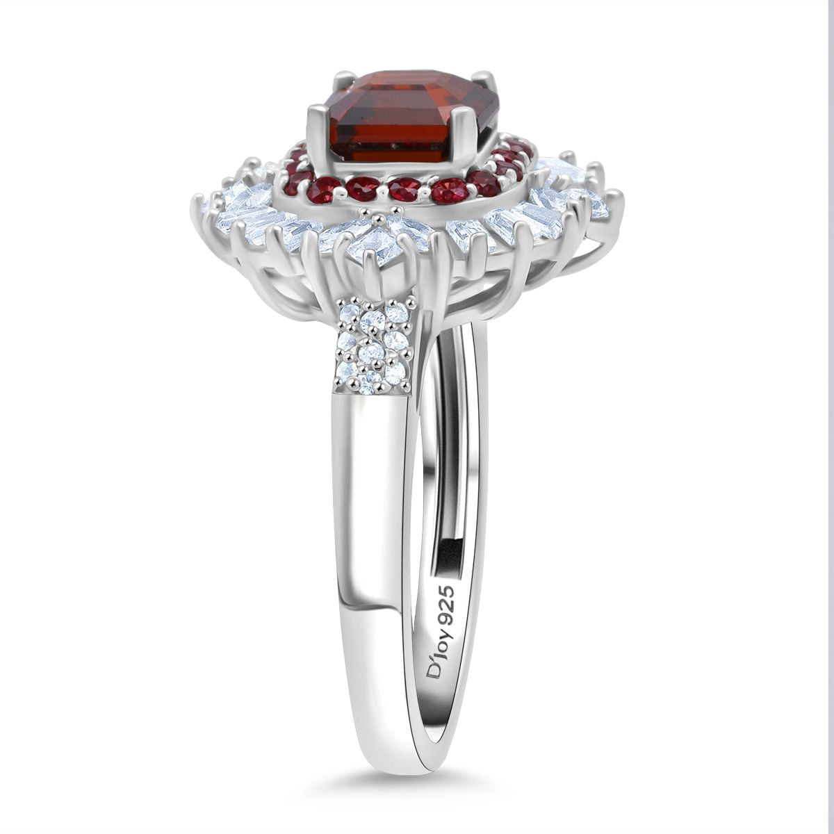 D'Joy - Sunset Zircon, Red Sapphire &amp; White Zircon Halo Ring in Rhodium Overlay Sterling Silver 4.60 Ct. V32524135 4