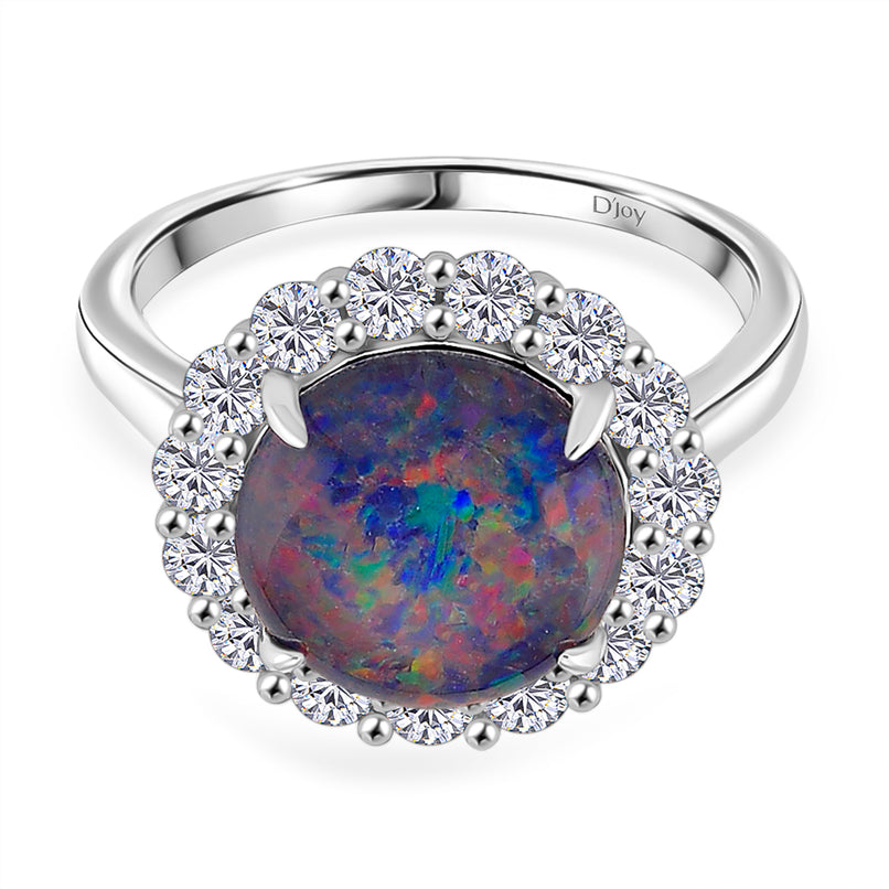 D'Joy Australian Boulder Opal & Moissanite Halo Ring in Rhodium Overlay Sterling Silver 3.40 Ct._8380734