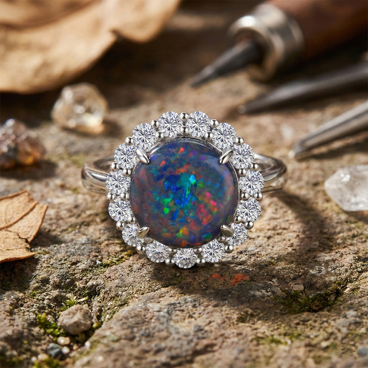 D'Joy Australian Boulder Opal, Moissanite Halo Ring in Rhodium Overlay Sterling Silver 3.40 Ct. V32650262 2