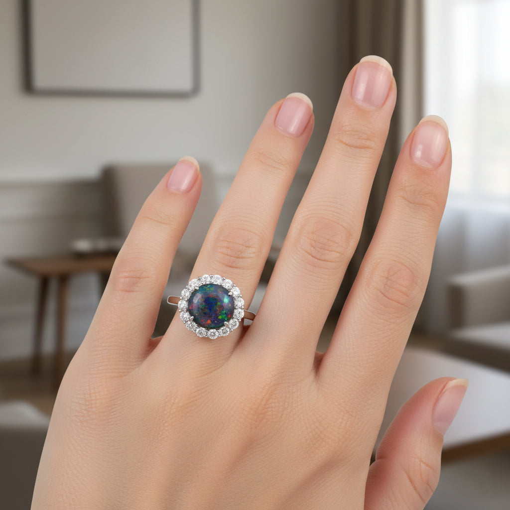 D'Joy Australian Boulder Opal, Moissanite Halo Ring in Rhodium Overlay Sterling Silver 3.40 Ct. V32650262 3