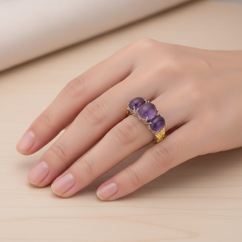 D'Joy Purple Jade 3-Stone Ring in Two-Tone Plated Sterling Silver 12.60 Ct. V32529303 3