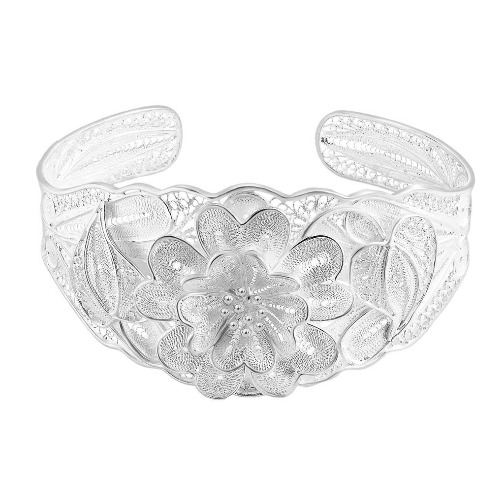 Royal Bali Collection Sterling Silver Floral Cuff Bangle (Size - 8), Silver Wt.30 Gms_8380884