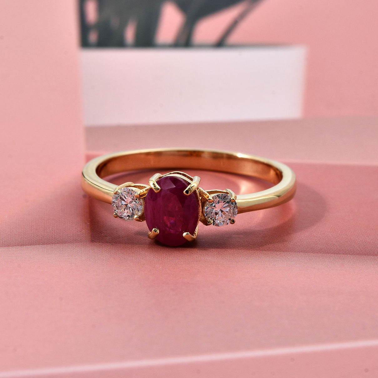 LUXURIANT Mozambique Ruby, Lab Grown Diamond Ring in 18K Vermeil Yellow Gold Plated Sterling Silver 1.12 Ct. V32515533 2