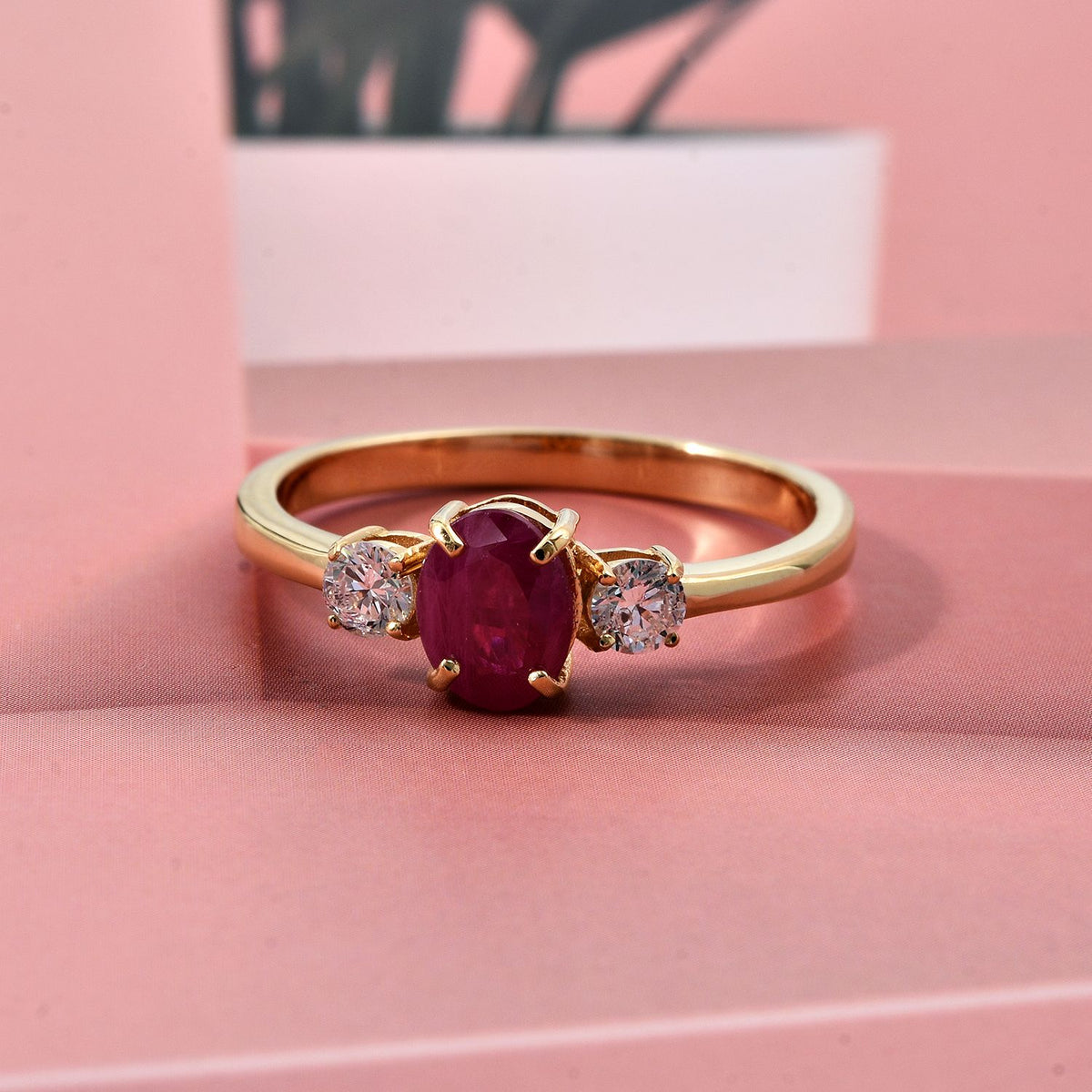 LUXURIANT Mozambique Ruby, Lab Grown Diamond Ring in 18K Vermeil Yellow Gold Plated Sterling Silver 1.12 Ct. V32515533 2