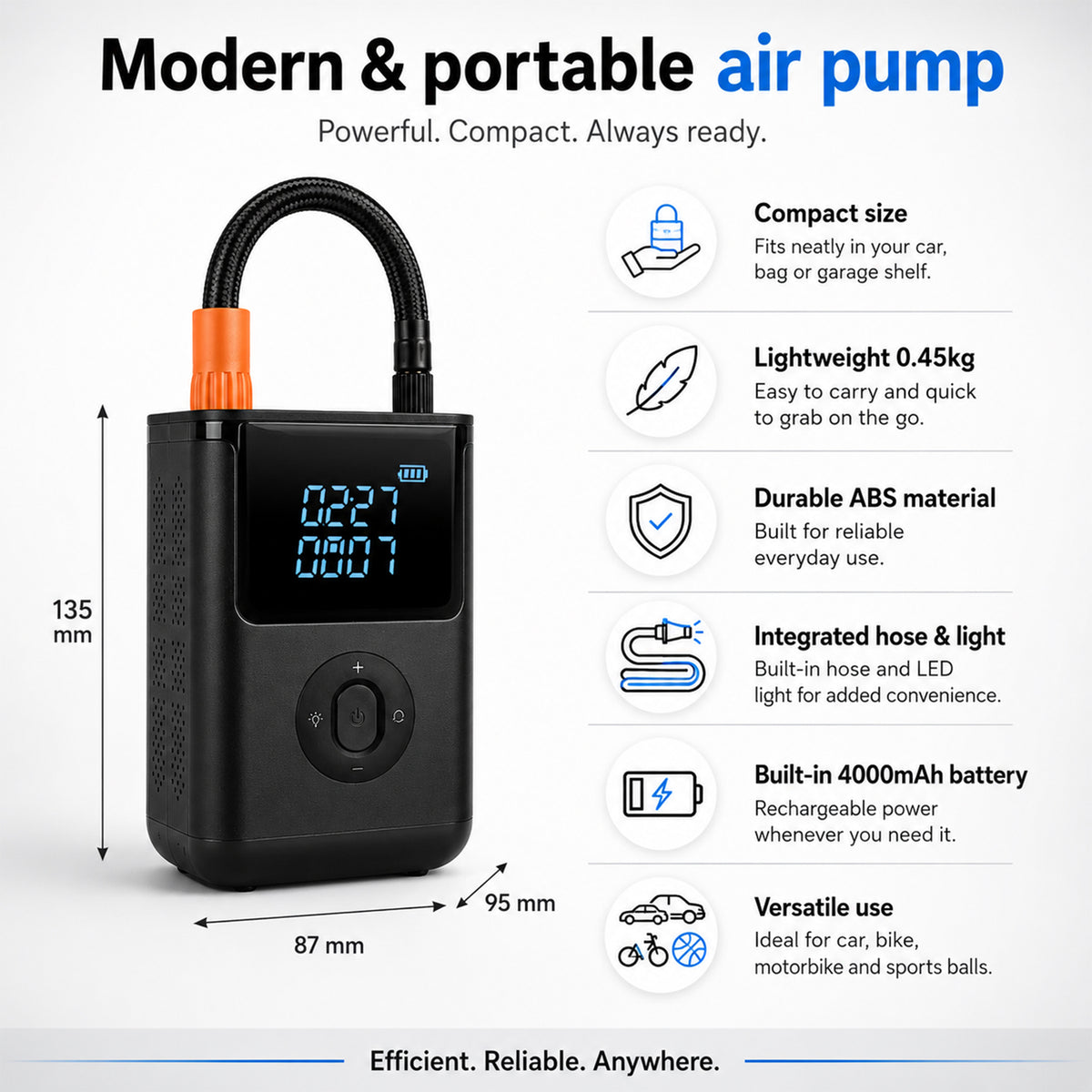 Portable Smart Air Pump - 4000mAh Rechargeable Tyre Inflator, 150 PSI Cordless Electric Pump with Power Bank Function - Black V32539759 3