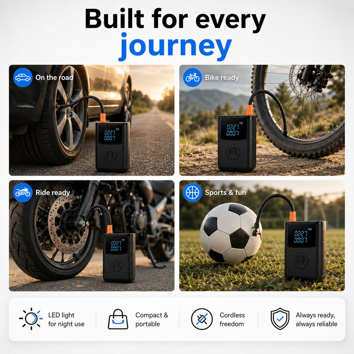 Portable Smart Air Pump - 4000mAh Rechargeable Tyre Inflator, 150 PSI Cordless Electric Pump with Power Bank Function - Black V32539759 4