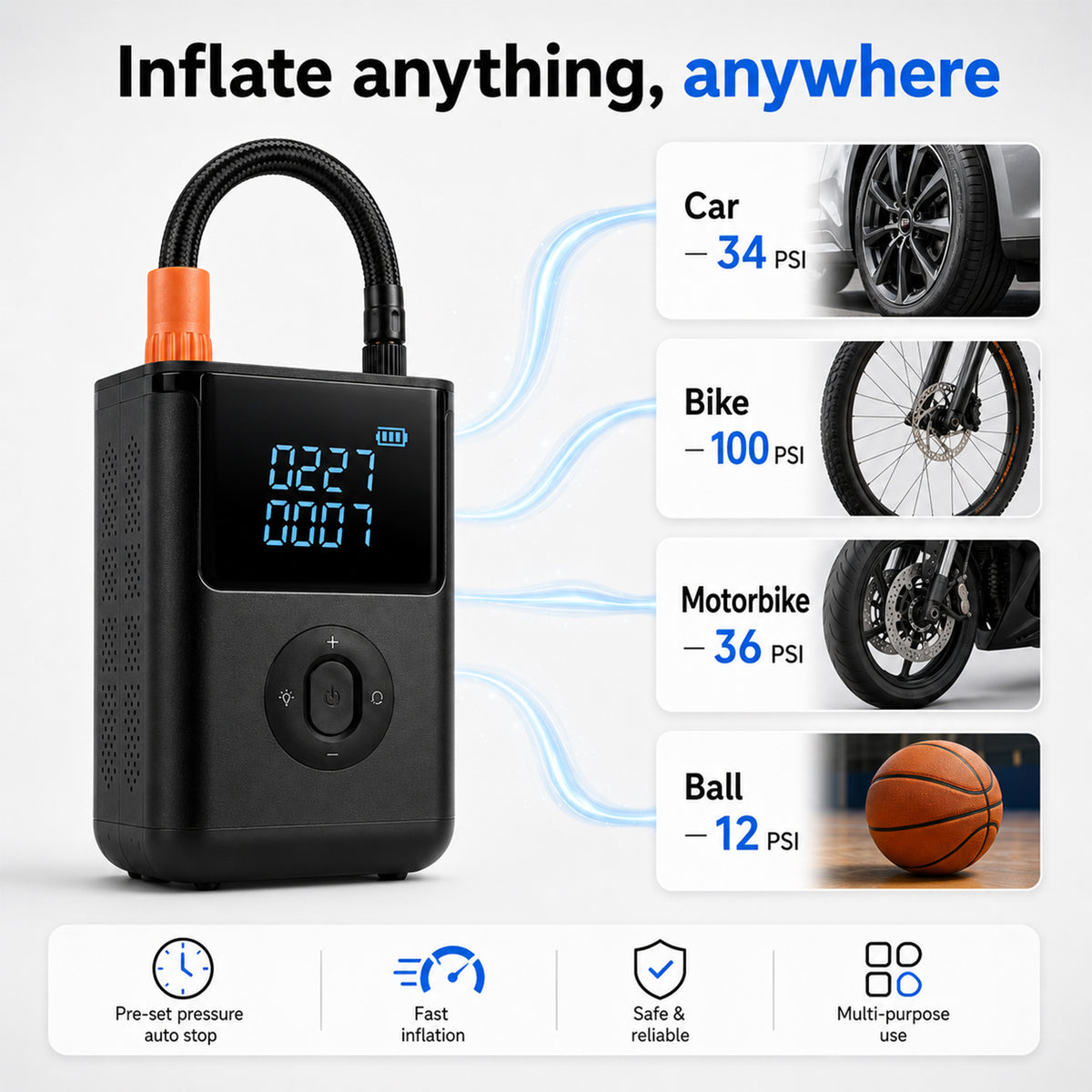 Portable Smart Air Pump - 4000mAh Rechargeable Tyre Inflator, 150 PSI Cordless Electric Pump with Power Bank Function - Black V32539759 5