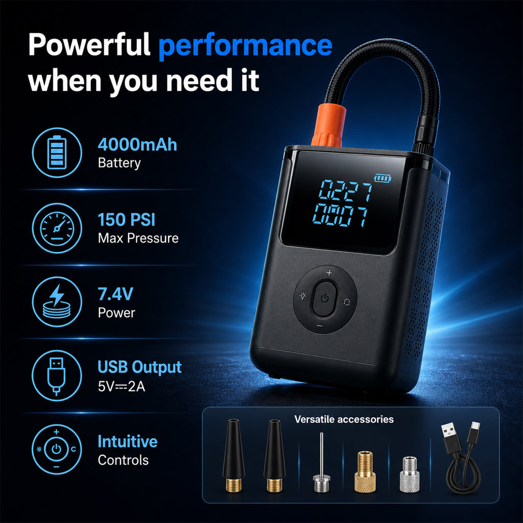 Portable Smart Air Pump - 4000mAh Rechargeable Tyre Inflator, 150 PSI Cordless Electric Pump with Power Bank Function - Black_8411811_5