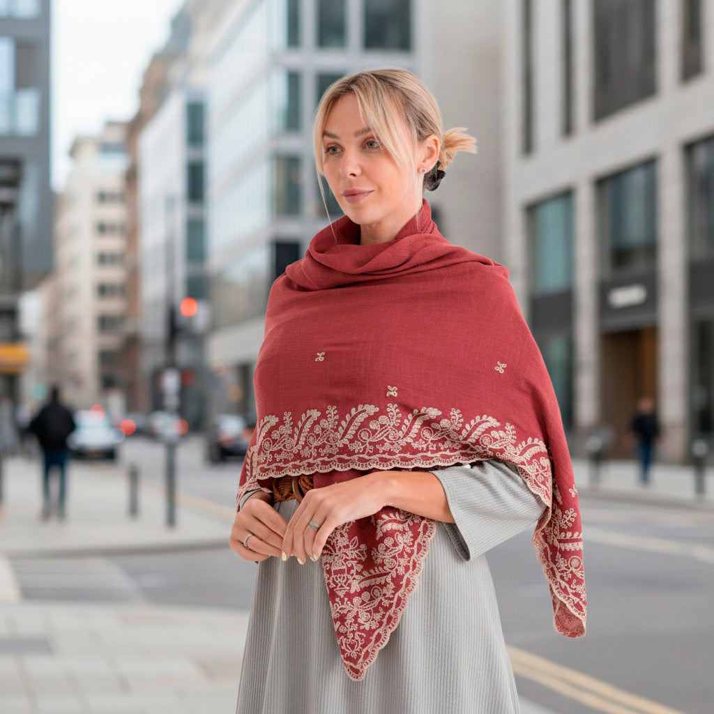 La Marey Embroidery Cotton Blend Scarf (130 x 130cm) - Burgundy_8411914_1