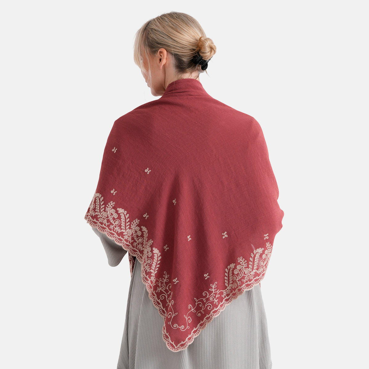 La Marey Embroidery Cotton Blend Scarf (130 x 130cm) - Burgundy V32529348 3