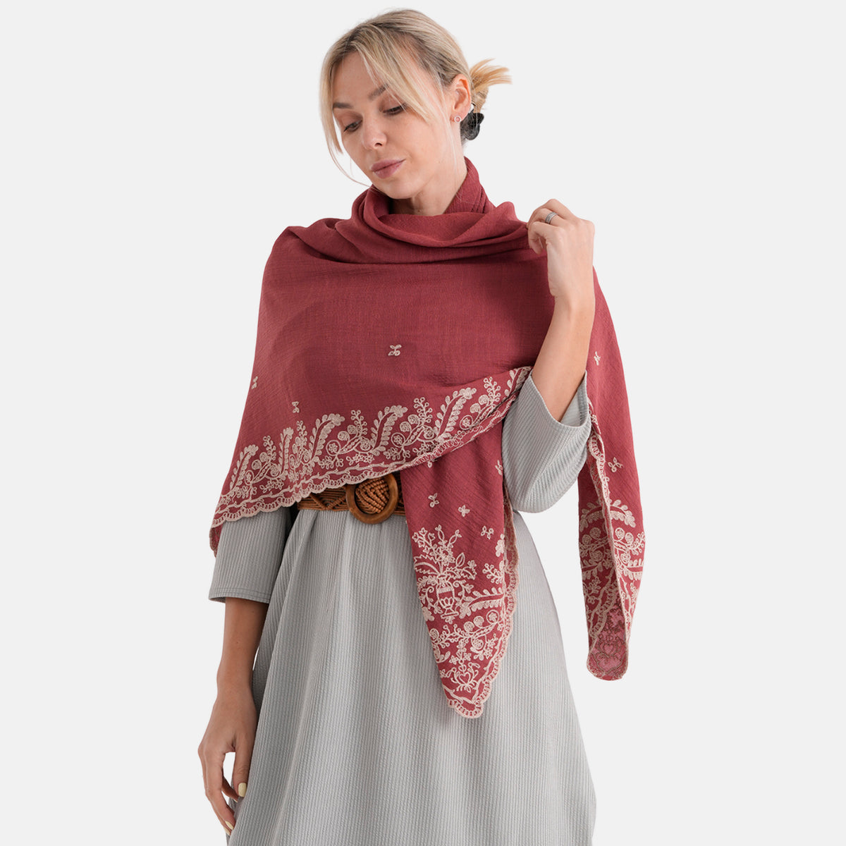 La Marey Embroidery Cotton Blend Scarf (130 x 130cm) - Burgundy V32529348 4