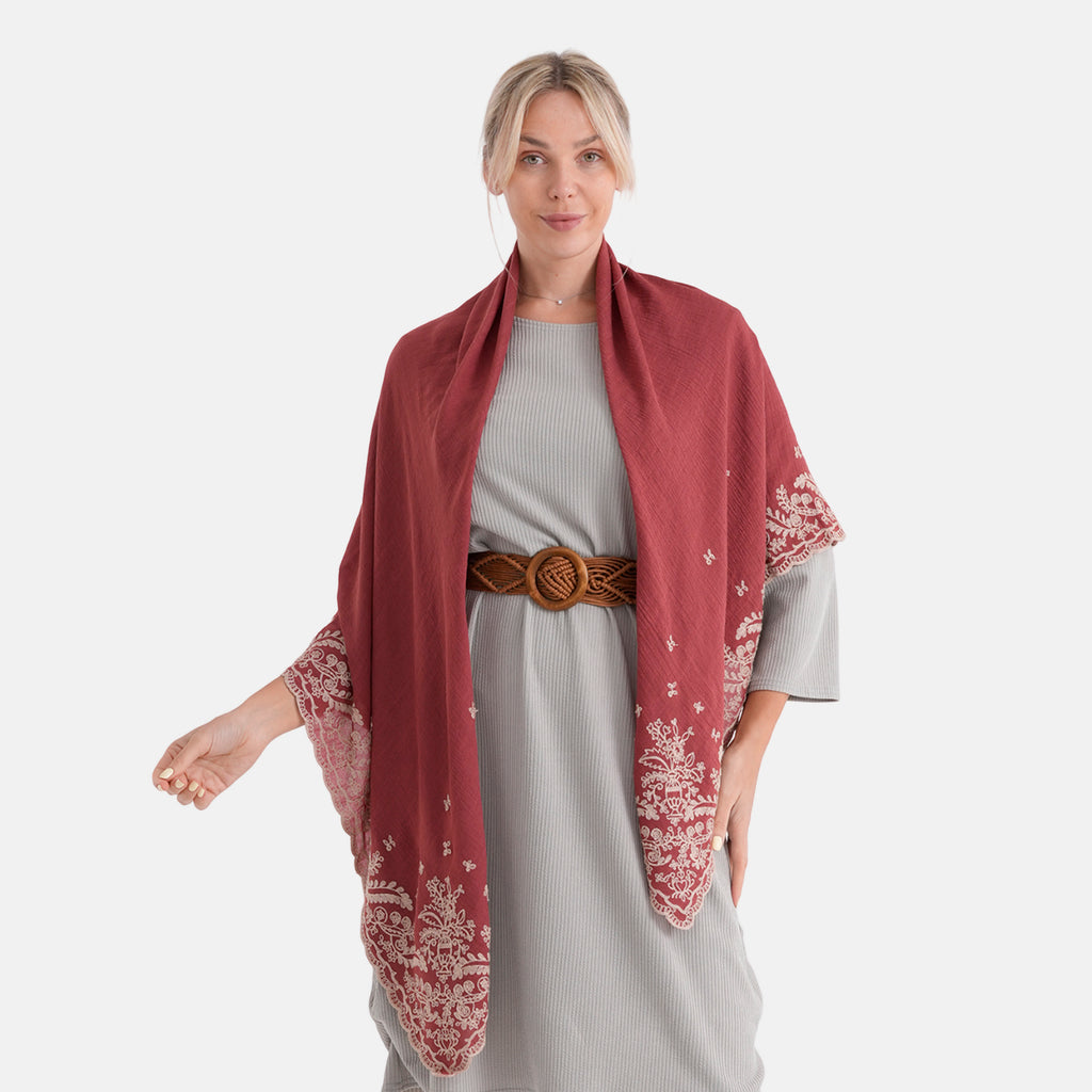 La Marey Embroidery Cotton Blend Scarf (130 x 130cm) - Burgundy_8411914_4