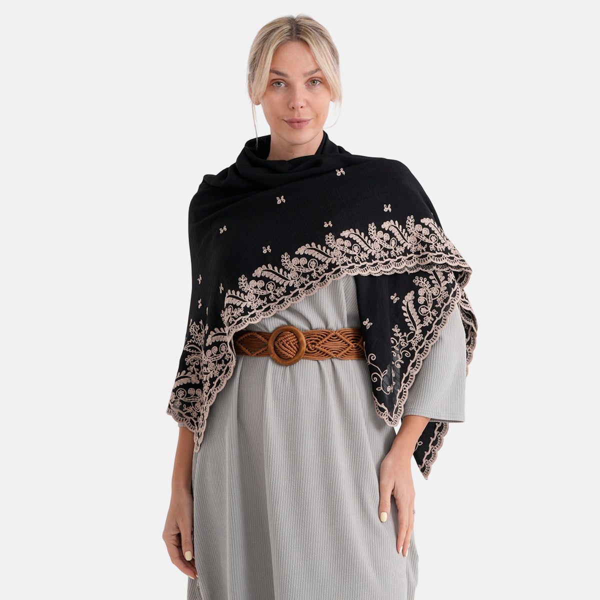La Marey Embroidery Cotton Blend Scarf (130 x 130cm) - Black V32612889 0