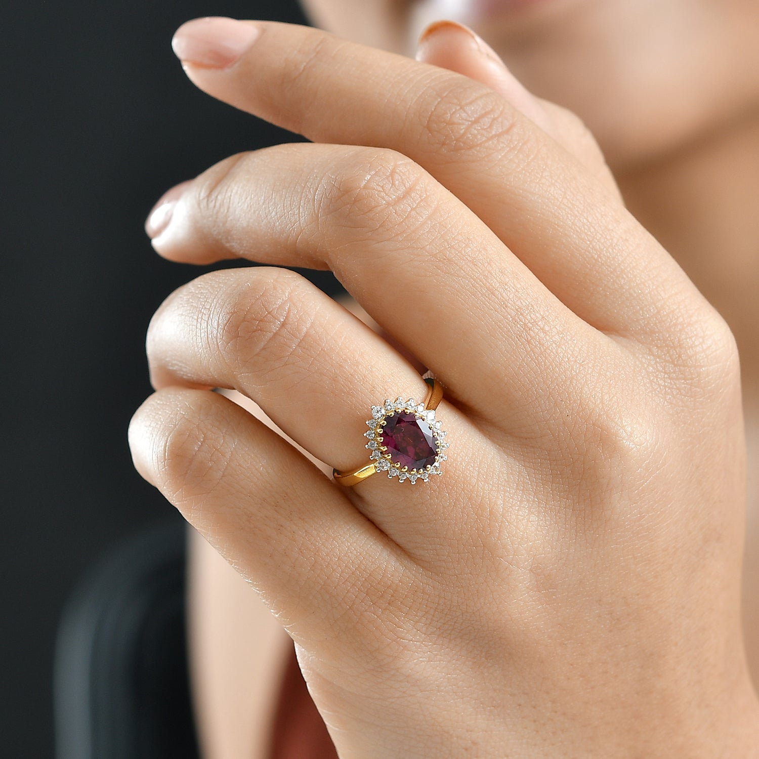 D'Joy Orissa Natural Rhodolite Garnet, White Zircon Halo Ring in 18K Vermeil Yellow Gold Plated Sterling Silver 3 Ct. 8412084 3