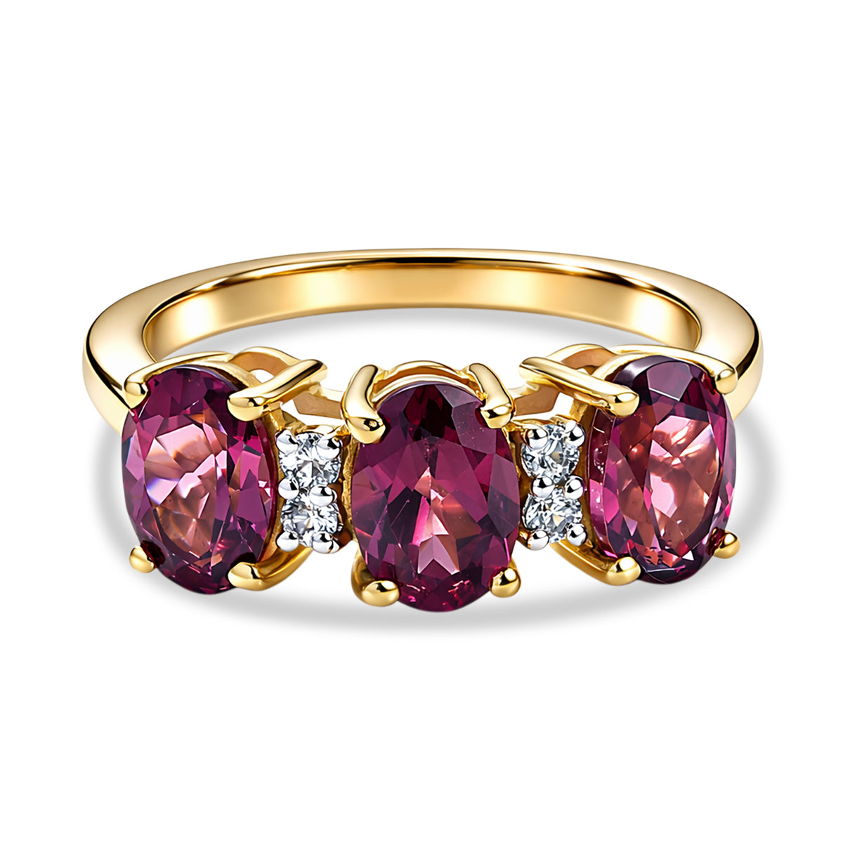 D'Joy Orissa Natural Rhodolite Garnet, White Zircon 3 Stone Ring in 18K Vermeil Yellow Gold Plated Sterling Silver 3.35 Ct. V32539008 0