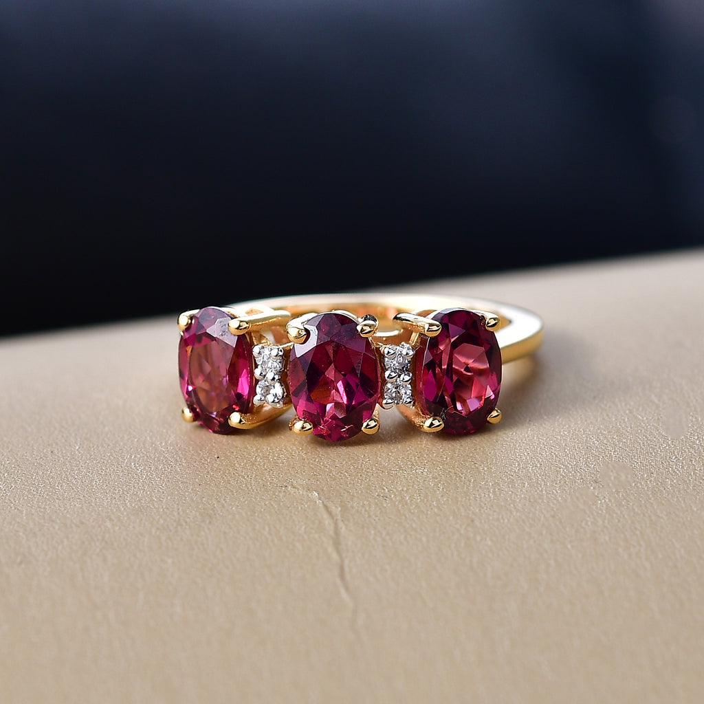 D'Joy Orissa Natural Rhodolite Garnet & White Zircon 3 Stone Ring in 18K Vermeil Yellow Gold Plated Sterling Silver 3.35 Ct._8412171_1