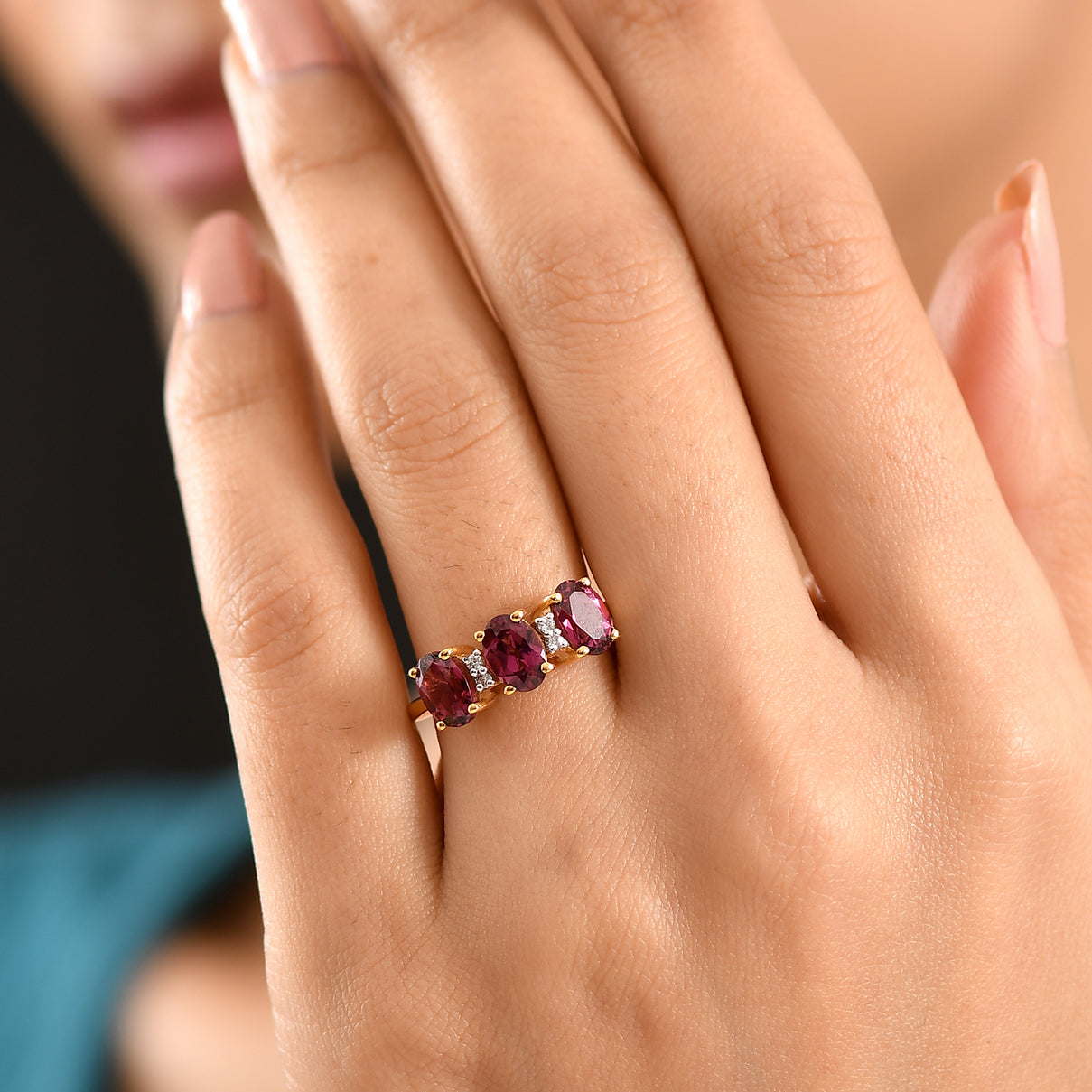 D'Joy Orissa Natural Rhodolite Garnet, White Zircon 3 Stone Ring in 18K Vermeil Yellow Gold Plated Sterling Silver 3.35 Ct. V32539008 3