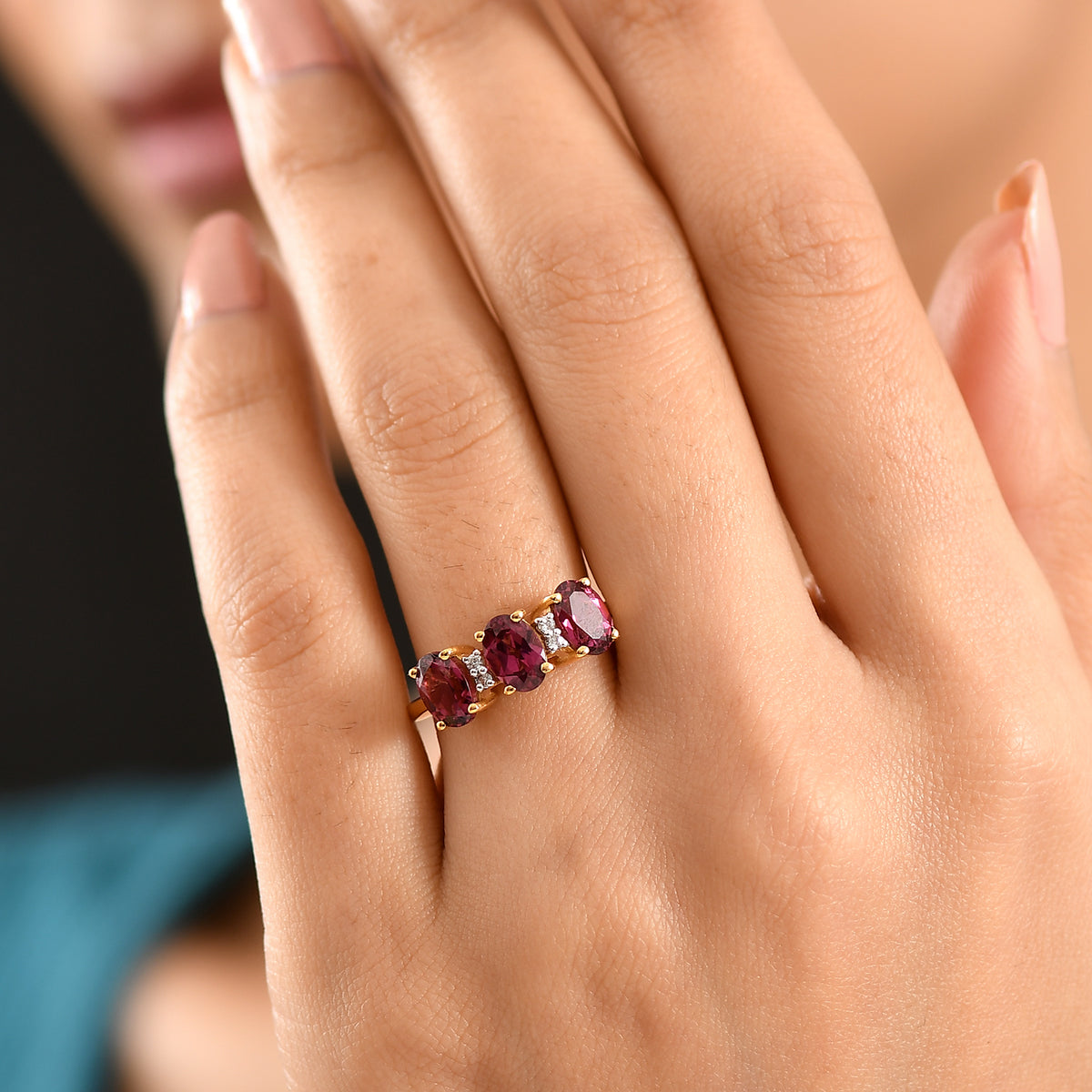 D'Joy Orissa Natural Rhodolite Garnet, White Zircon 3 Stone Ring in 18K Vermeil Yellow Gold Plated Sterling Silver 3.35 Ct. V32539008 3