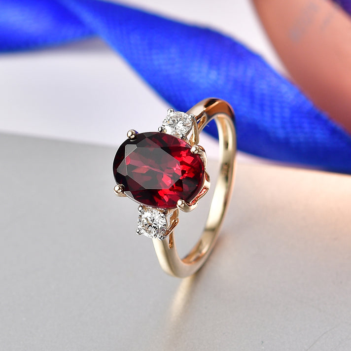 Biggest Size- 9K Yellow Gold Premium Orissa Natural Rhodolite Garnet &amp; Lab Grown Diamond (SI/GH) Trilogy Ring 4.20 Ct. 8412191 2
