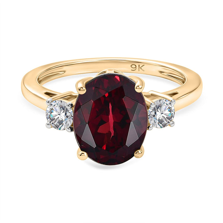 Biggest Size- 9K Yellow Gold Premium Orissa Natural Rhodolite Garnet &amp; Lab Grown Diamond (SI/GH) Trilogy Ring 4.20 Ct. 8412193 1