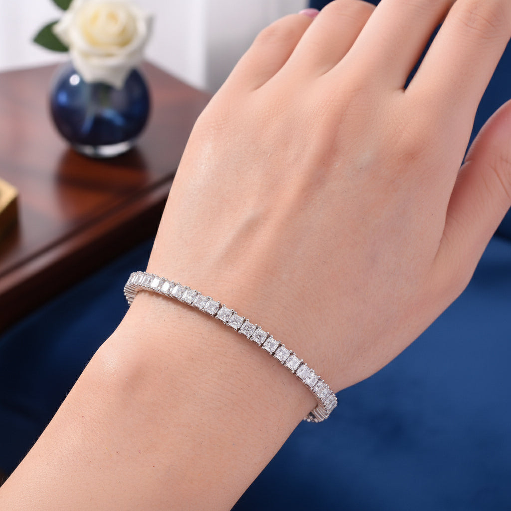 D'Joy Royal Asscher Cut Moissanite Tennis Bracelet (Size - 8) in Rhodium Overlay Sterling Silver 9.30 Ct, Silver Wt. 10.50 Gms V32514636 3