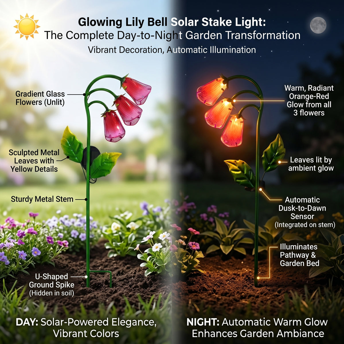 LIVMORE Solar Glass Foxglove Flower Garden Stake (87cm) - Pink &amp; Green 8412806 3