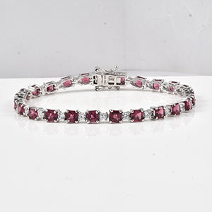 D'Joy Orissa Natural Rhodolite Garnet, White Zircon Link Bracelet (Size - 7) with Box Clasp in Rhodium Overlay Sterling Silver, 13.2 Ct. 8413266 1