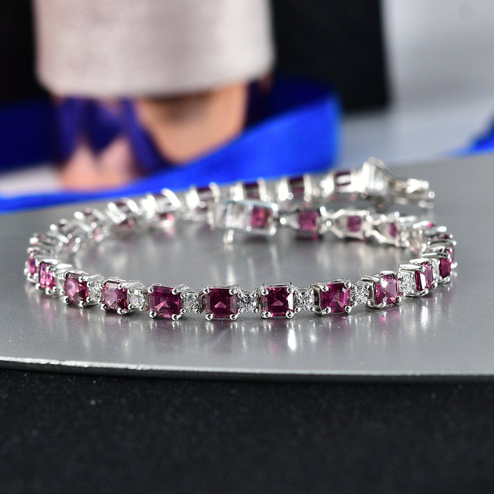 D'Joy Orissa Natural Rhodolite Garnet, White Zircon Link Bracelet (Size - 7) with Box Clasp in Rhodium Overlay Sterling Silver, 13.2 Ct. 8413266 2