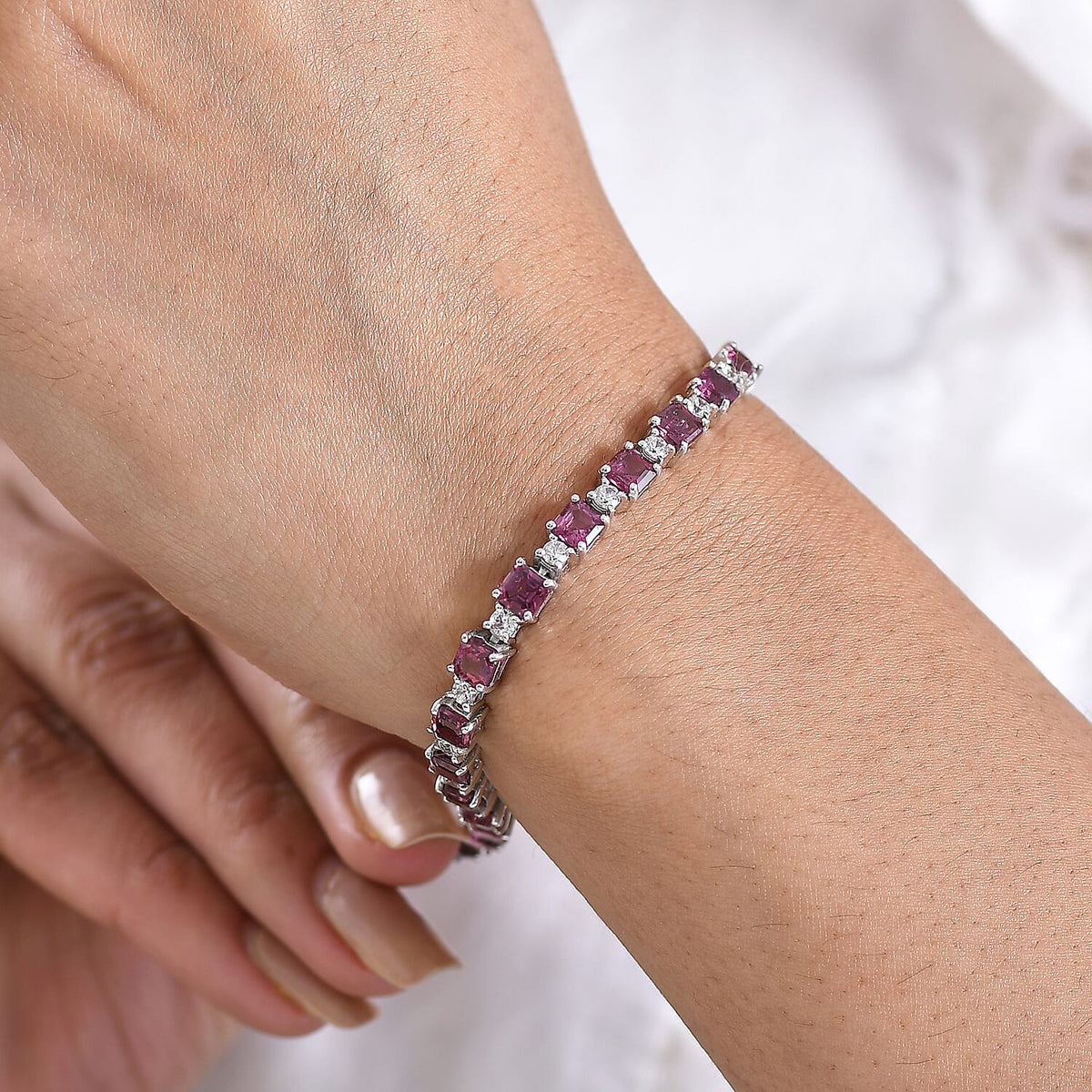 D'Joy Orissa Natural Rhodolite Garnet &amp; White Zircon Tennis Bracelet (Size - 8) in Rhodium Overlay Sterling Silver 14.85 Ct. 8413280 3