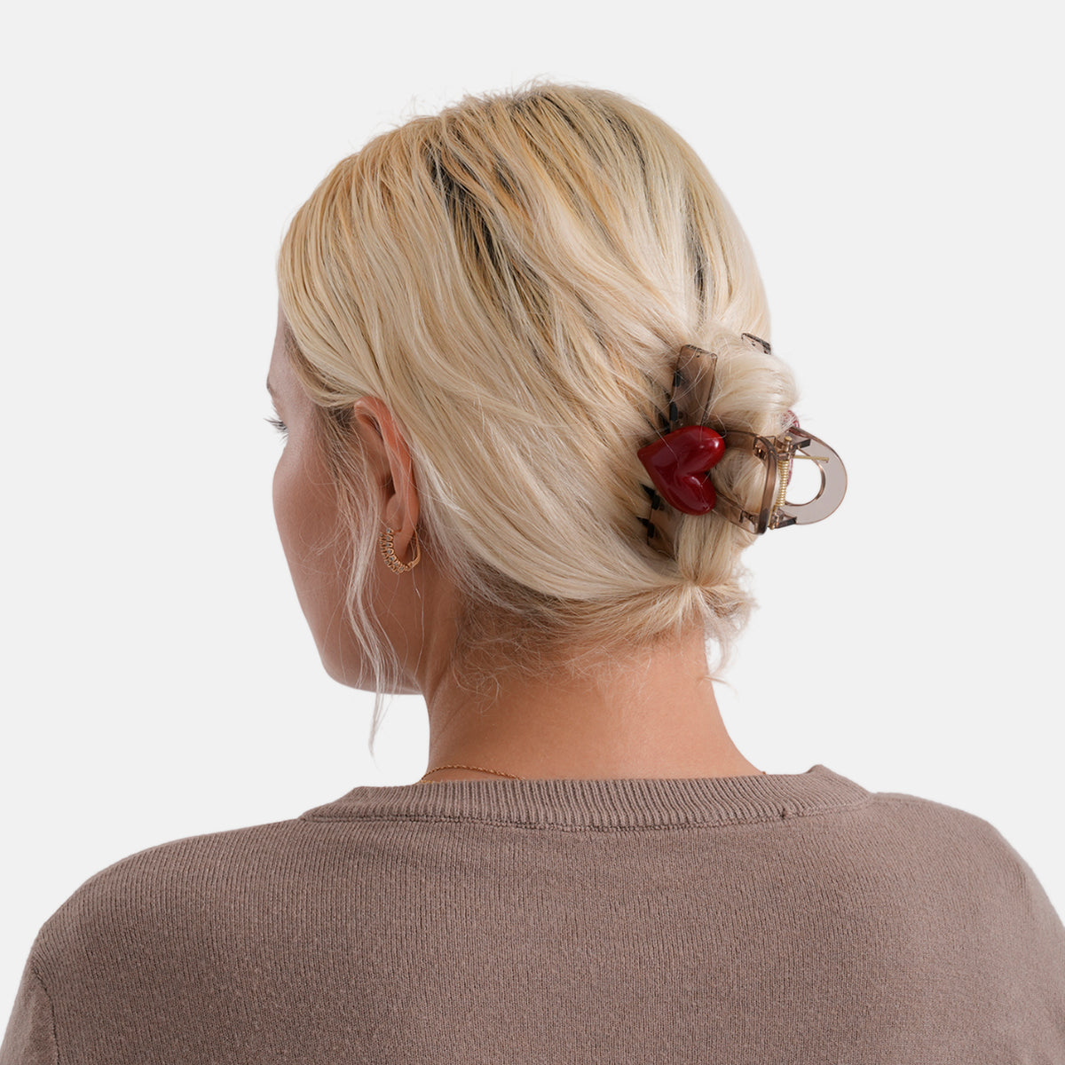 2-Piece Hair Tie Set - Red Heart Hair Claw &amp; Pearl Accent Scrunchie - Brown 8413772 3