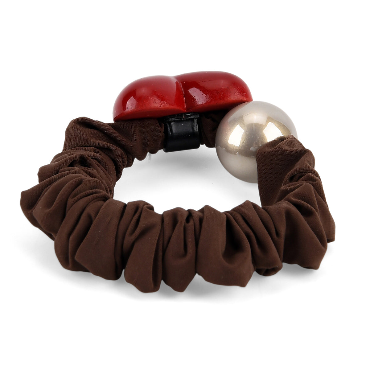 2-Piece Hair Tie Set - Red Heart Hair Claw &amp; Pearl Accent Scrunchie - Brown 8413772 8