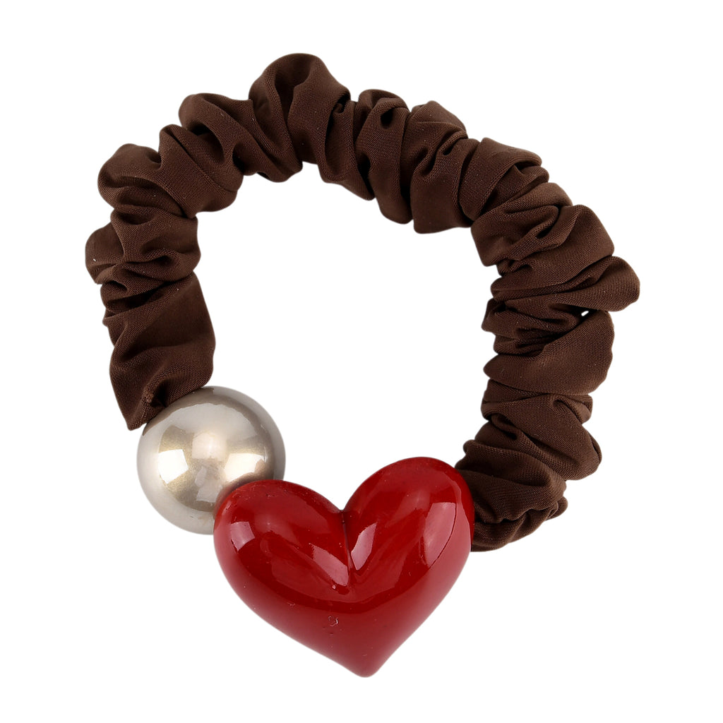 2-Piece Hair Tie Set - Red Heart Hair Claw & Pearl Accent Scrunchie - Brown_8413772_8