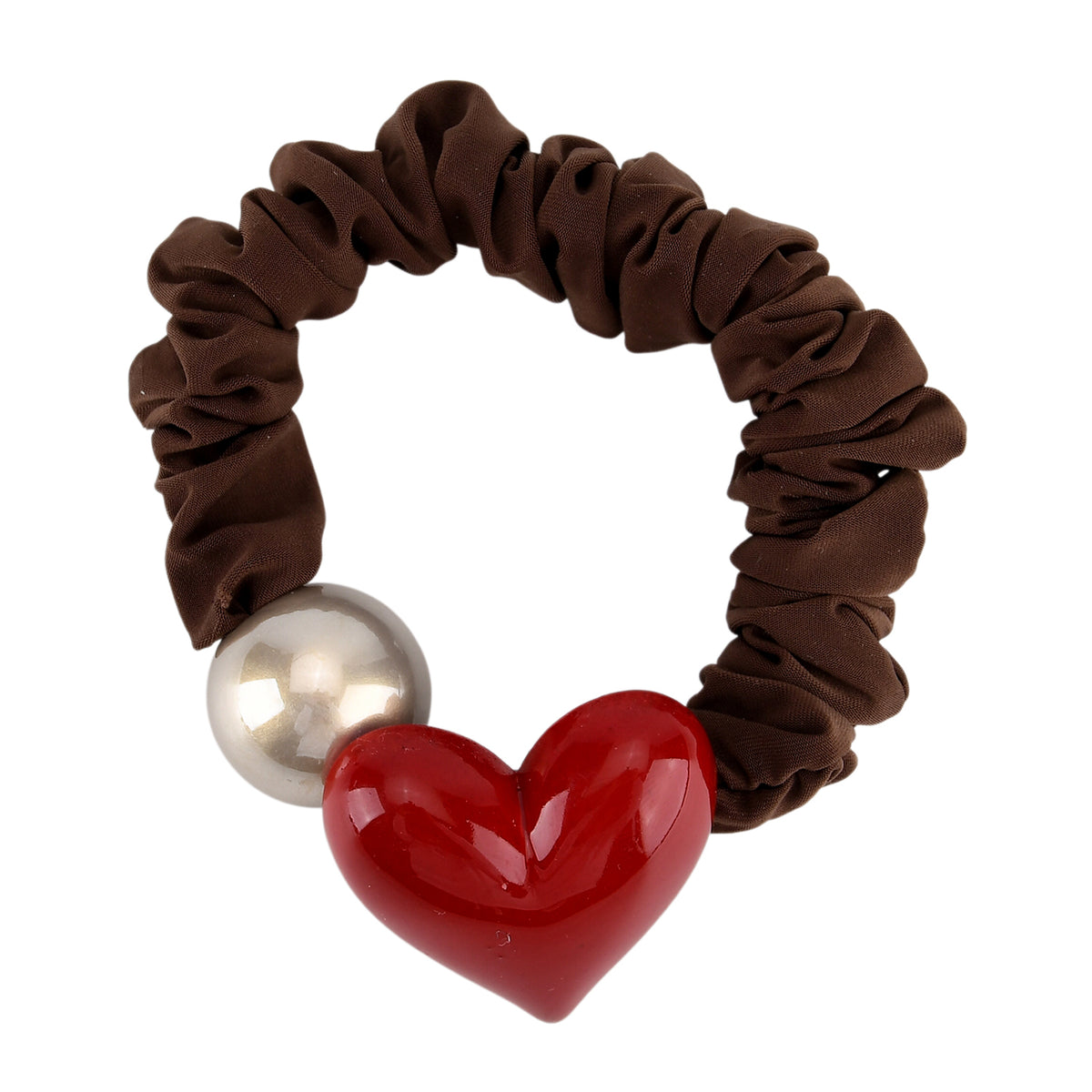 2-Piece Hair Tie Set - Red Heart Hair Claw &amp; Pearl Accent Scrunchie - Brown 8413772 9