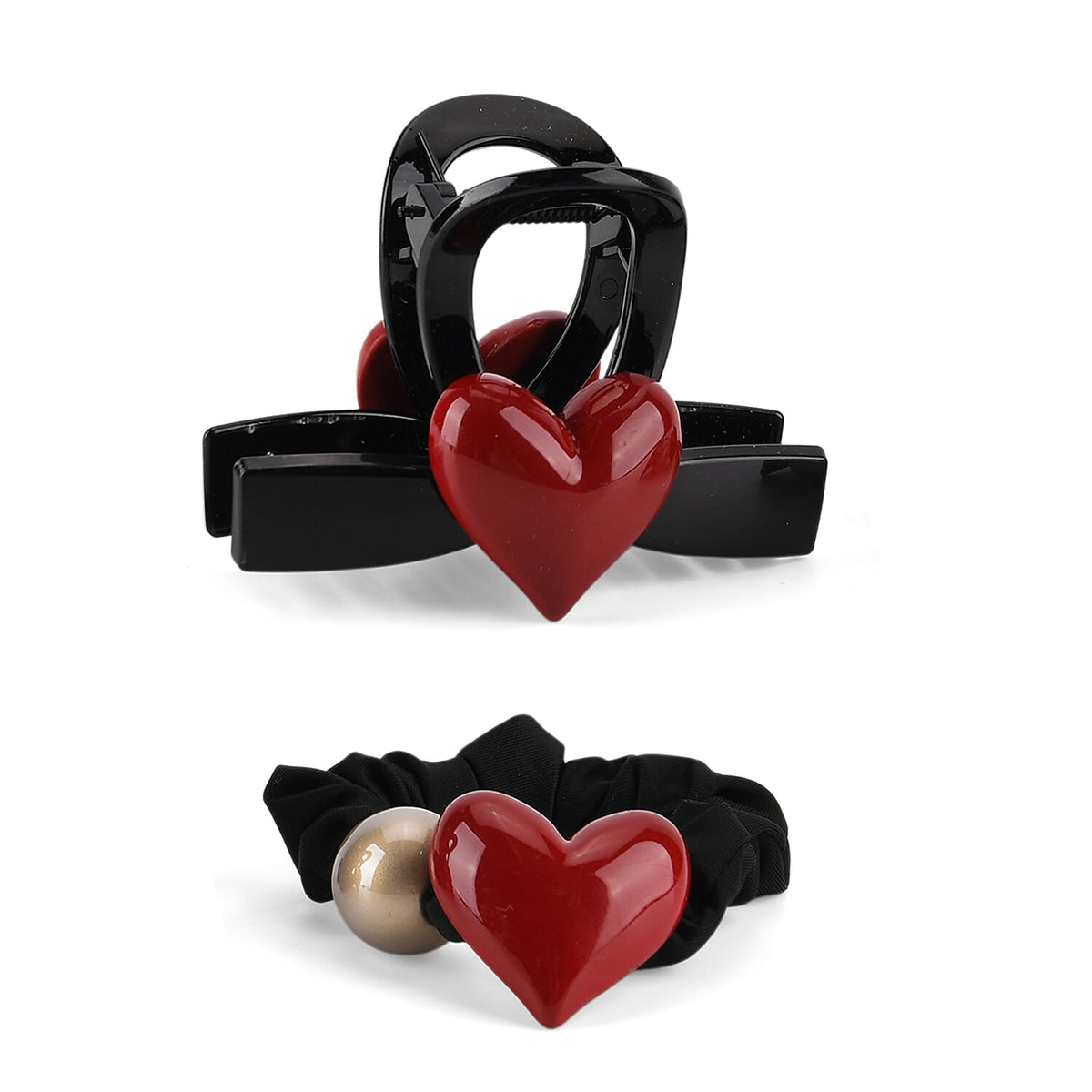 2-Piece Hair Tie Set - Red Heart Hair Claw &amp; Pearl Accent Scrunchie - Black 8413773 0