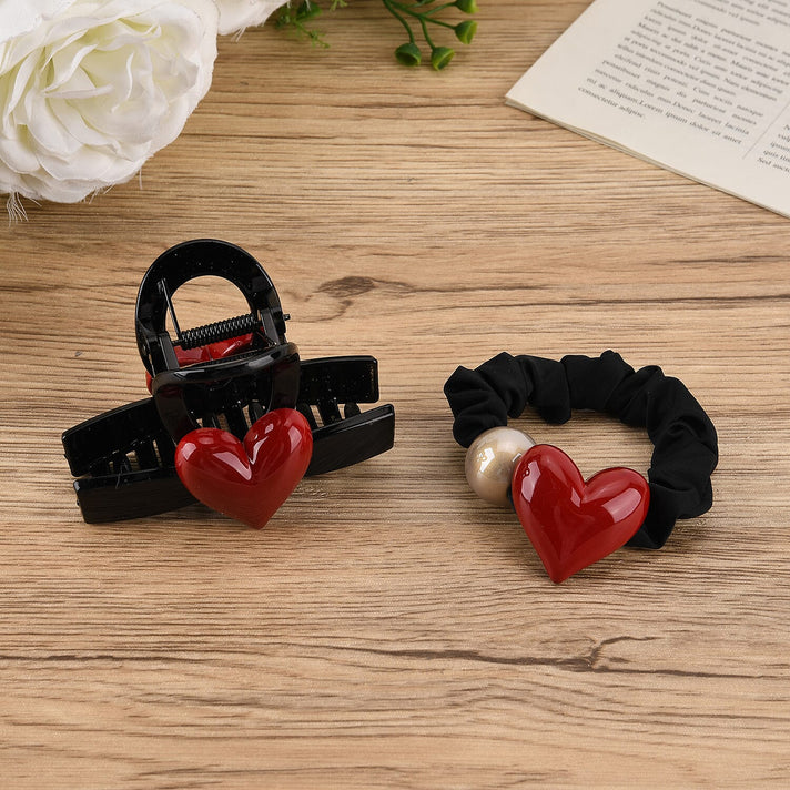 2-Piece Hair Tie Set - Red Heart Hair Claw &amp; Pearl Accent Scrunchie - Black 8413773 2