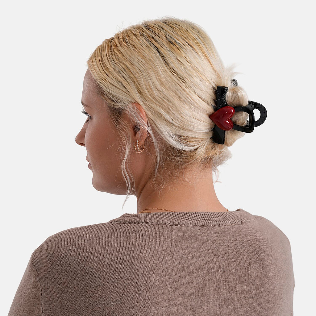 2-Piece Hair Tie Set - Red Heart Hair Claw & Pearl Accent Scrunchie - Black_8413773_3
