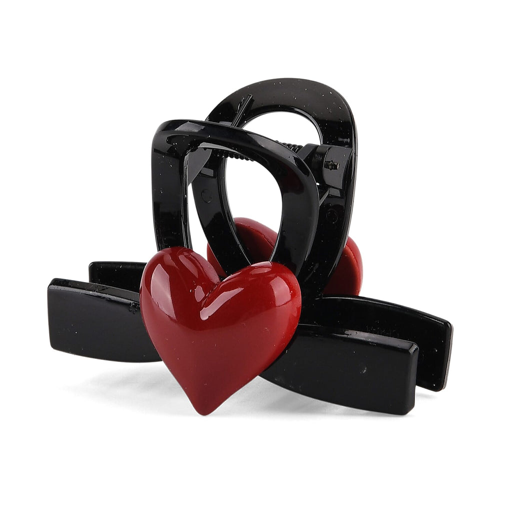 2-Piece Hair Tie Set - Red Heart Hair Claw & Pearl Accent Scrunchie - Black_8413773_4