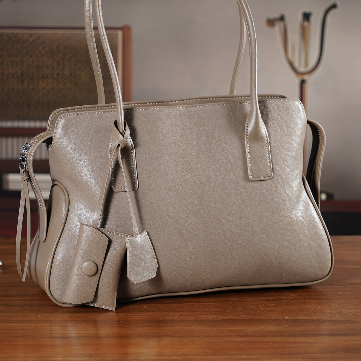 Designer Inspired - Genuine Leather Everyday Shoulder Tote Bag - Khaki 8413777 2