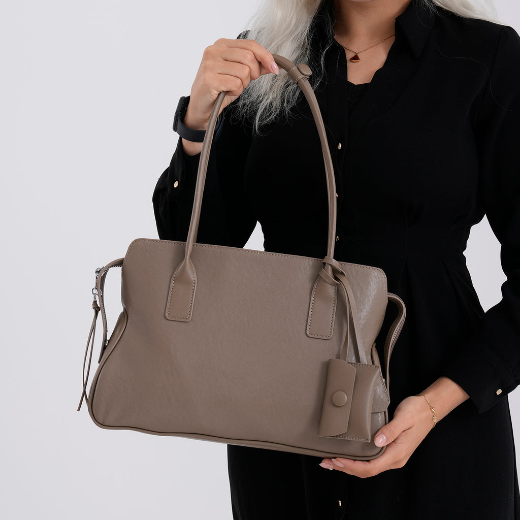 Designer Inspired - Genuine Leather Everyday Shoulder Tote Bag - Khaki_8413777_3