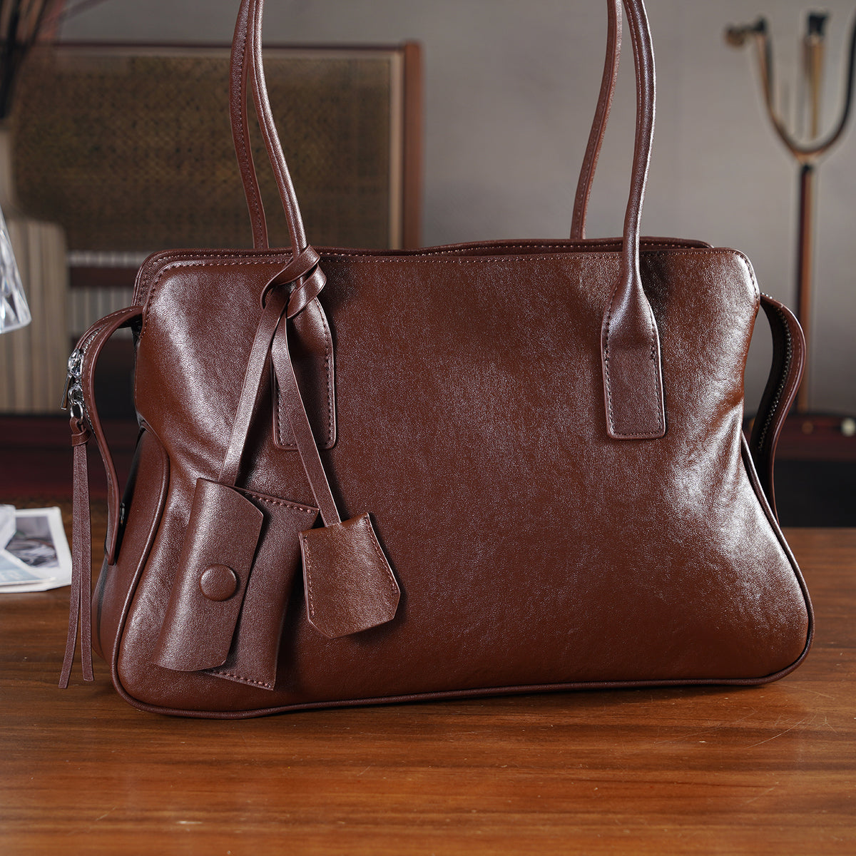 Designer Inspired - Genuine Leather Everyday Shoulder Tote Bag - Chocolate Brown V32610846 2