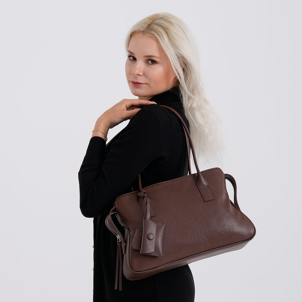 Designer Inspired - Genuine Leather Everyday Shoulder Tote Bag - Chocolate Brown_8413778_2