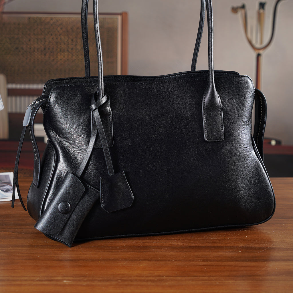 Designer Inspired - Genuine Leather Everyday Shoulder Tote Bag - Black_8413779_1