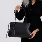 Designer Inspired - Genuine Leather Everyday Shoulder Tote Bag - Black_8413779_3
