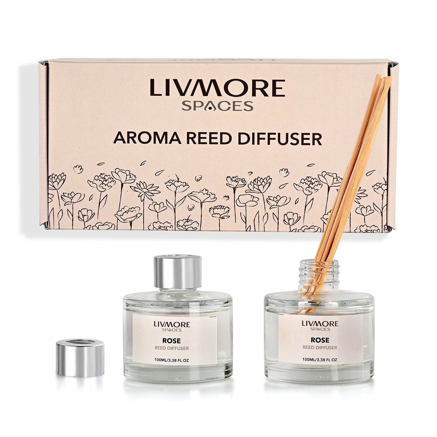Livmore Set of 2 Rose Fragrance Diffuser with 4 Reed Sticks - 100ml V32512360 0