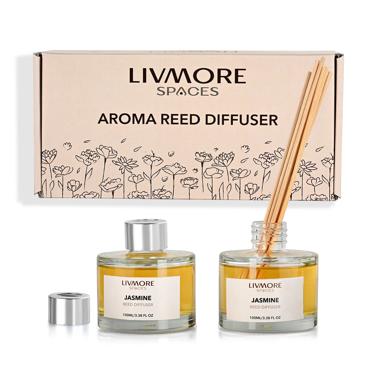 Livmore Set of 2 Jasmine Fragrance Diffuser with 4 Reed Sticks - 100ml V32512643 0