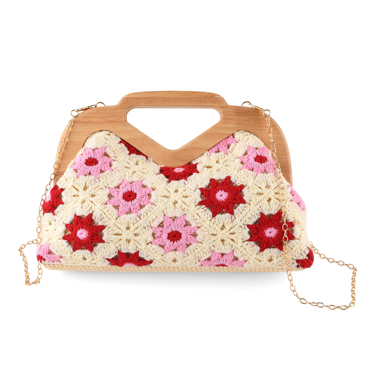 Crochet Floral Knit Clutch Bag with Wooden Top Handle - Beige &amp; Pink 8414552 0
