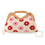 Crochet Floral Knit Clutch Bag with Wooden Top Handle - Beige & Pink_8414552