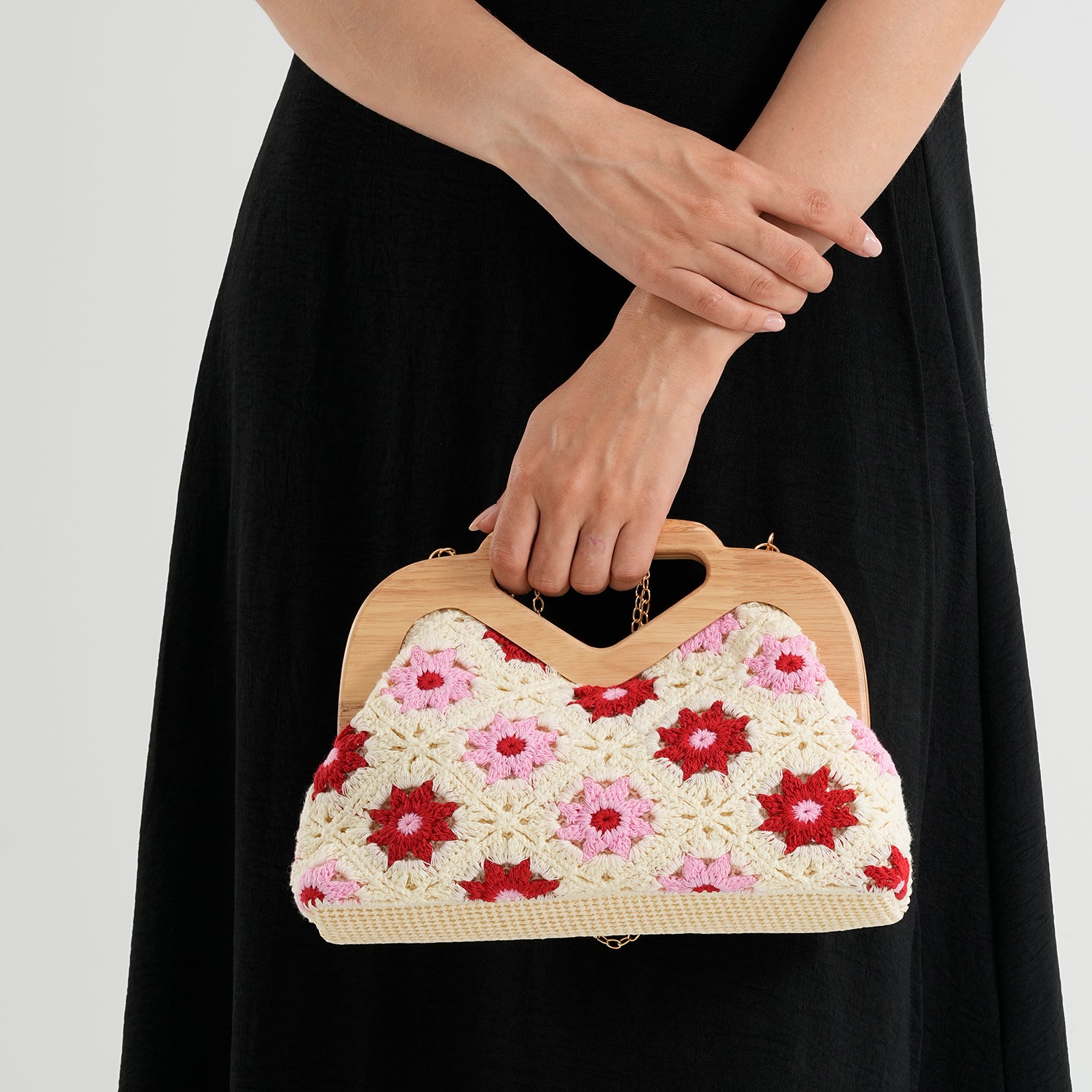 Crochet Floral Knit Clutch Bag with Wooden Top Handle - Beige &amp; Pink 8414552 3