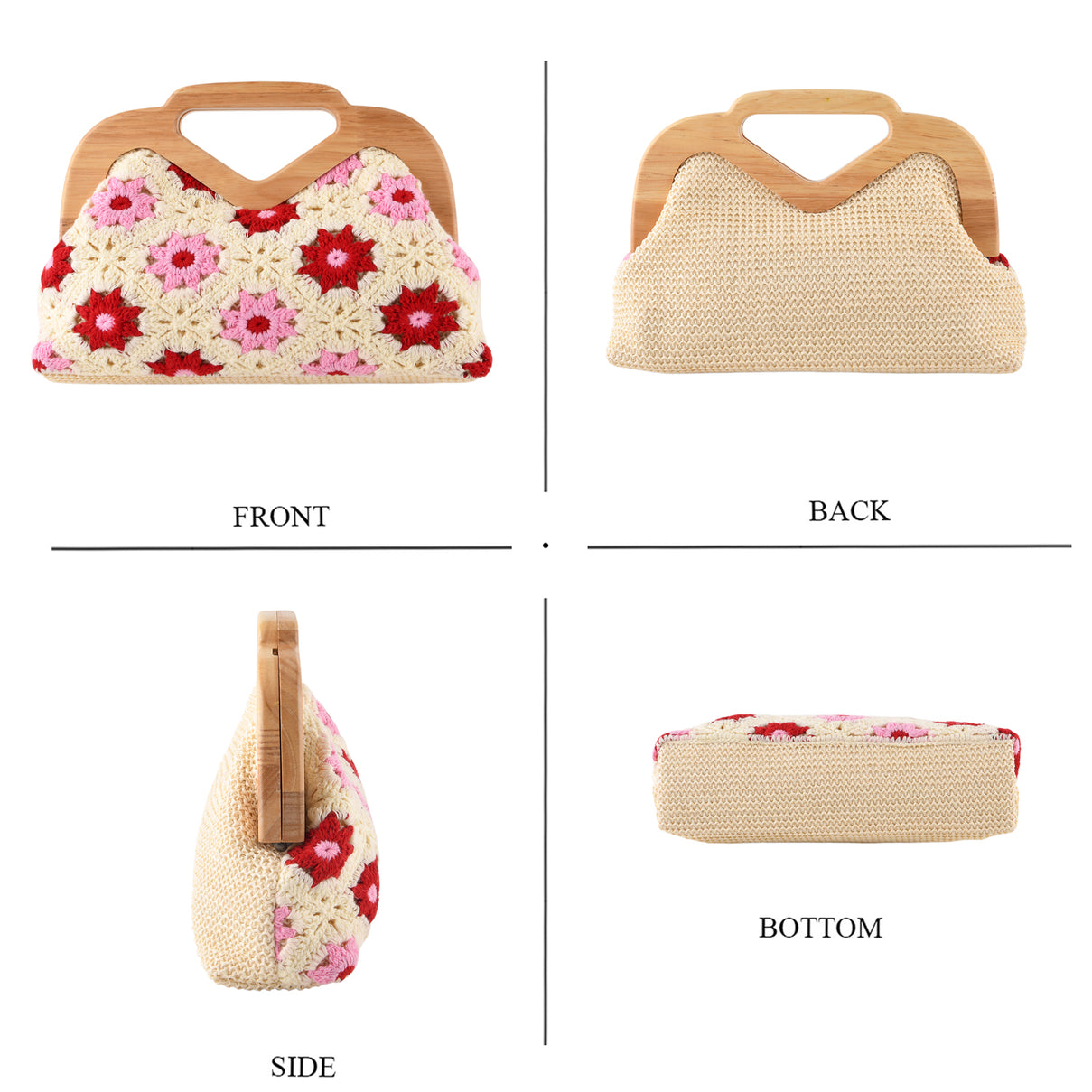 Crochet Floral Knit Clutch Bag with Wooden Top Handle - Beige &amp; Pink 8414552 4